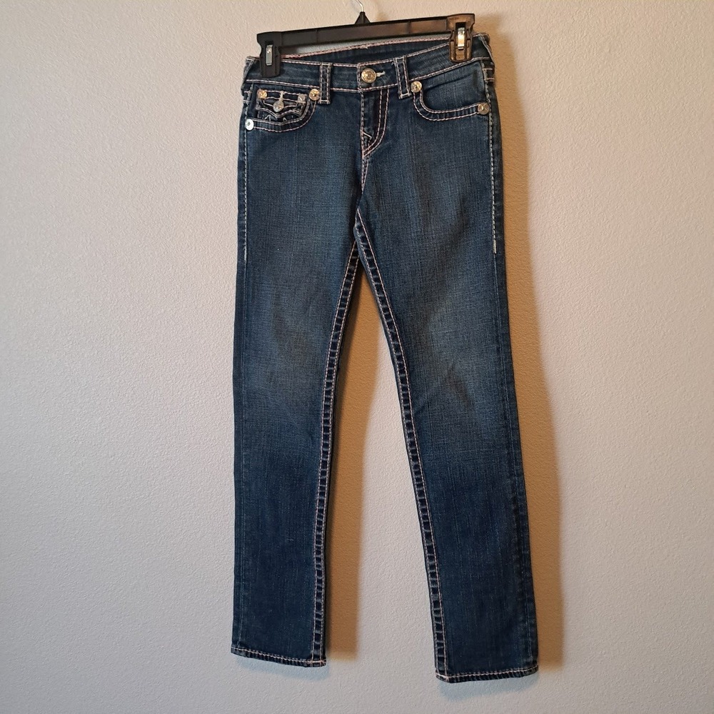 True‎ Religion Girls Julie Skinny Jeans Dark Wash Pink Big T Stitch Size 10
